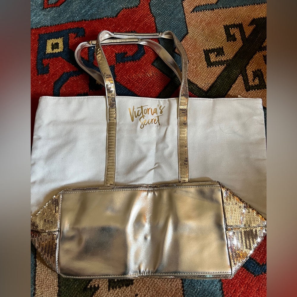 Victoria's Secret Metallic Gold and White Tote
